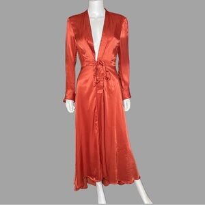 Free People Long Sleeve Red Rust Satin Maxi Robe Dress